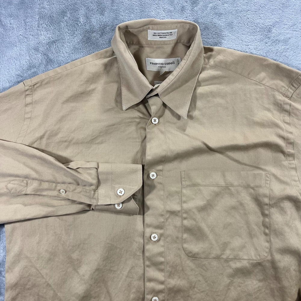 PRONTO UOMO Button Down Shirt Mens 15.5 32/33 Tan Made in Italy Cotton Office